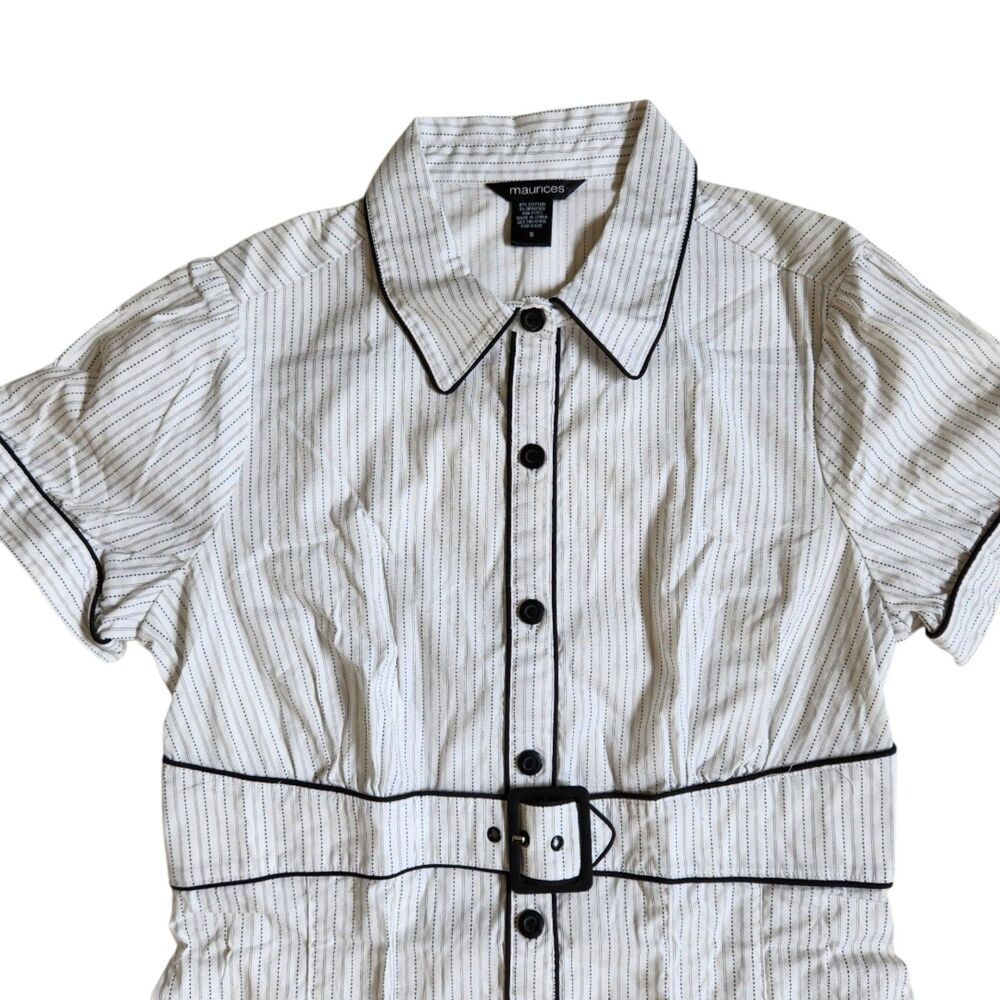 Maurices White Black Pinstripe Collared Short Sleeve Button Front Top sz S - Picture 4 of 11